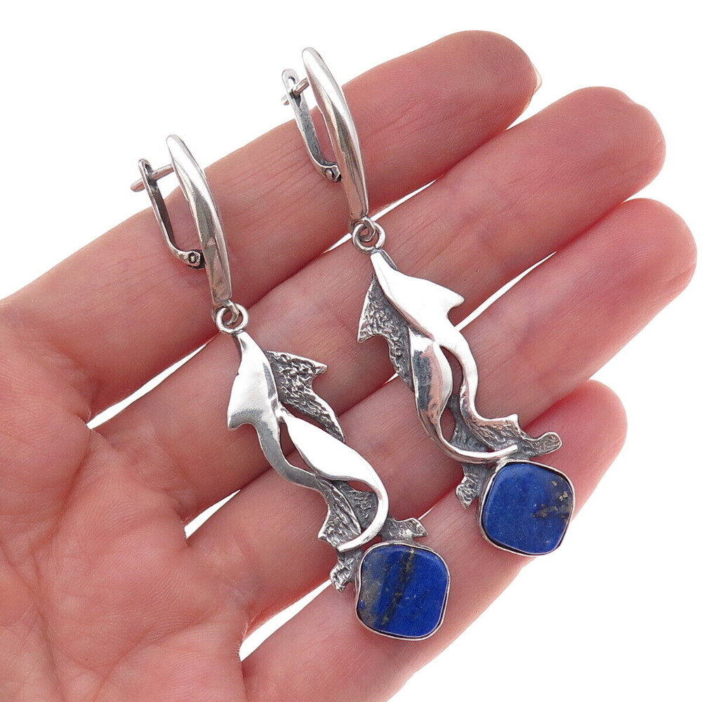 925 Sterling Silver Vintage Poland Real Lapis Modernist Oxidized Dangle Earrings